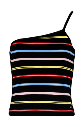 Women Multicolor Striped Asymmetrical Tank Top Multico black striped front view