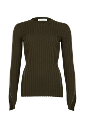 Crew-Neck Jumper Long Slit Sleeves Khaki front view