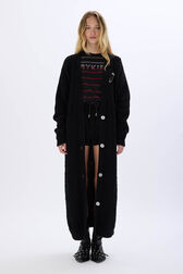 Long cable-knit woolen cardigan Black front worn view