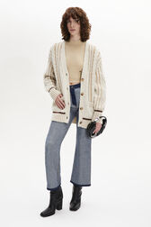 Long-Sleeved V-Neck Cardigan Ecru front worn view