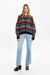 Women Zipped Hoodie Multico striped front worn view