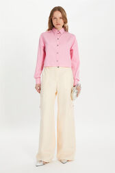 Pinstripe cargo trousers Ecru/pink front worn view