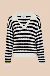 Pull vareuse col V femme Raye noir/bleu vue de face