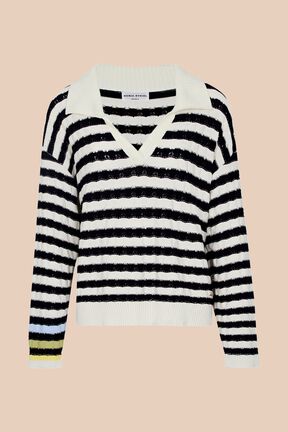 Pull vareuse col V femme Raye noir/bleu vue de face
