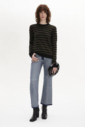 Striped Long-Sleeved Crew Neck Sweater Striped black/khaki front worn view