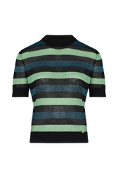 Women Lurex Poorboy Top Black/blue front view