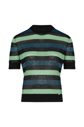 Women Lurex Poorboy Top Black/blue front view