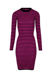 Women Rib Sock Knit Striped Maxi Dress Black/fuchsia front view