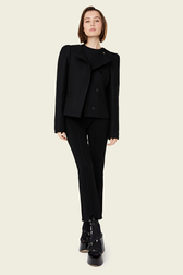 Women Short Wool Blend Jacket Black front worn view