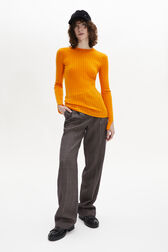Wool Knit Crew-Neck Slit Sleeves Sweater Orange front worn view