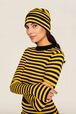 Women Poor Boy Striped Wool Beanie Striped black/mustard front worn view