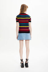 Women Poor Boy Striped Short Sleeve Sweater Multico striped back worn view