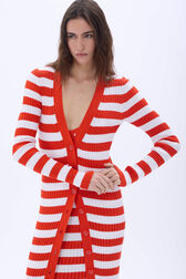 Cardigan rayé long à côtes col V à manches longues Rayures tangerine/blanc vue de détail 1