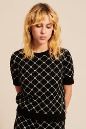 Women Jacquard Short Sleeve Sweater Black front worn view