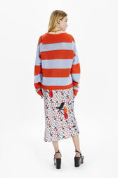 Women Two-Colour Openwork Fishnet Jacket Striped coral/baby blue back worn view