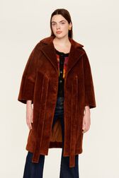 Women Velvet Long Coat Coffee front worn view