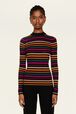Women Stripped Sock Sweater Multi icon fuchsia strip. front worn view