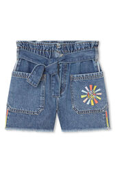 Raw-edged denim shorts Stonewashed indigo front view
