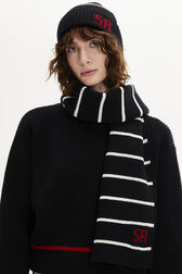 Two-Colour Wool Knit Long Scarf Black/white front worn view