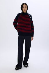 Raised knit striped sweater Striped blue/red front worn view