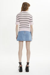 Women Multicolor Striped Polo Baby pink back worn view
