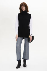 Wool Knit Sleeveless Turtleneck Sweater Black front worn view