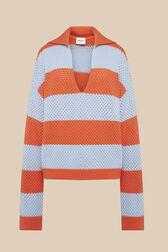 Women Two-Colour Openwork Fishnet Jacket Striped coral/baby blue front view