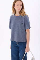 Short-sleeved round neck top in fine striped cotton terry Striped white/blue details view 1