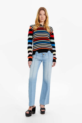 Women Multicolor Striped Sweater Multico striped front worn view
