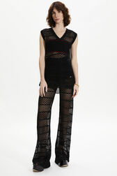 Women Striped Openwork Lace Tank Top Black front worn view