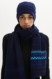 Fair Isle Print Wool Knit Beanie Hat Blue front worn view