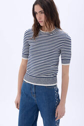 Pull col rond à manches courtes marinière en coton mélangée Raye blanc / bleu vue de détail 2