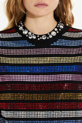 Short-sleeved rhinestone embroidered jersey T-shirt Multico crea striped details view 1