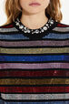Short-sleeved rhinestone embroidered jersey T-shirt Multico crea striped details view 1