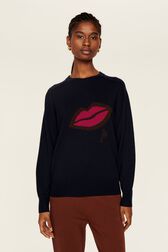 Pull symbole bouche femme Bleu nuit vue portée de face