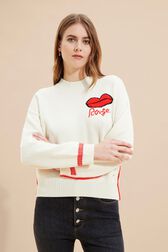 Pull à broderie motif bouche femme Ecru vue de détail 1