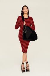 Women Rib Sock Knit Striped Maxi Dress Black/red front worn view