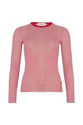 Long-sleeved crew-neck top in cotton and silk Red/white front view