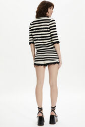 Women Short Openwork Striped Waistcoat Black/ecru back worn view