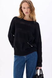 Pull col rond à manches longues en crochet coton ajouré Noir vue de détail 1