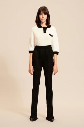 Pantalon flare maille côtelée femme Noir vue portée de face