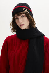 Intarsia Wool Knit Beanie Hat Black front worn view