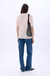 Short-sleeved round neck sweater with charms Peach back worn view