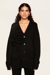 Cardigan laine fleur en relief femme Noir vue portée de face