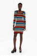 Women Square Neck Short Dress Multico striped front worn view