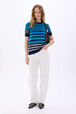 Pull rayé col rond à manches courtes Rayures bleu/silver vue portée de face