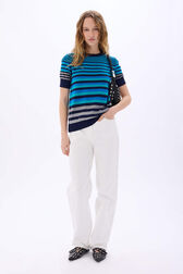 Pull rayé col rond à manches courtes Rayures bleu/silver vue portée de face