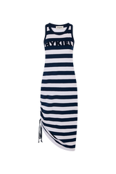 Robe longue col rond à bretelle rayée Raye blanc / bleu vue de face