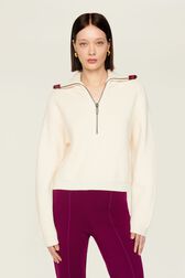 Pull col camionneur laine cachemire côtelé femme Ecru vue portée de face