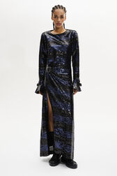 Striped Sequin Backless Maxi Dress Silver/navy front worn view
